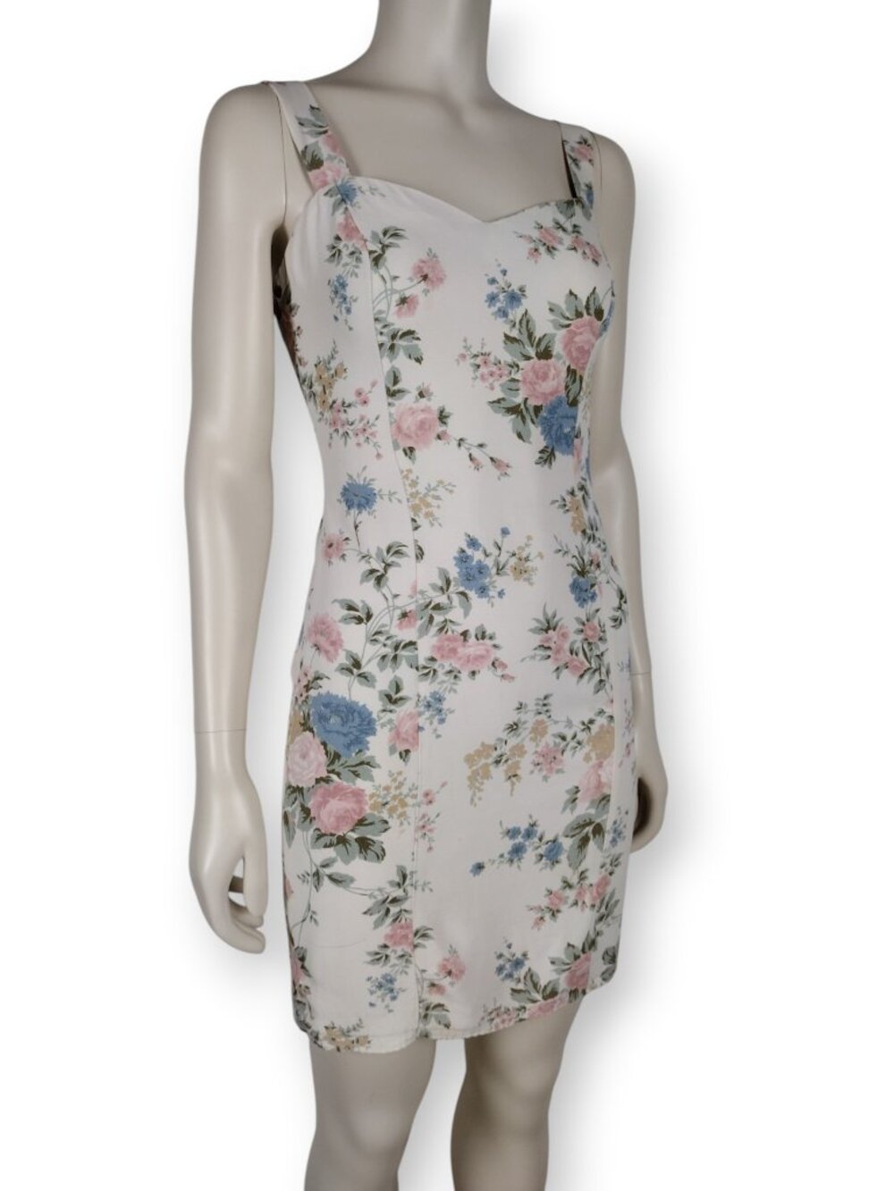 Vintage 1990s White Floral Rose Sweetheart Neck Sheath Mini Dress Size XS